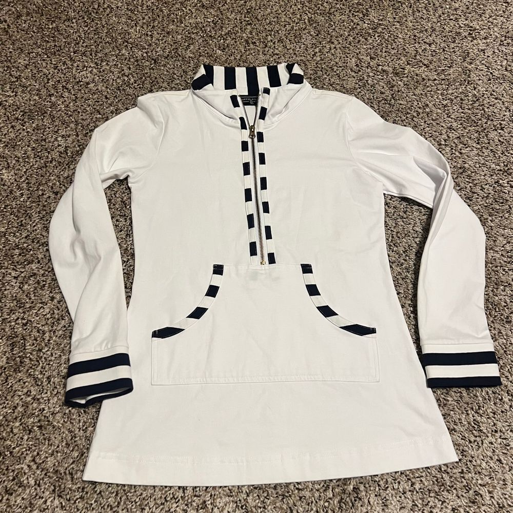 Duffield Lane White Navy Striped‎ Half-Zip Pullover Tunic with Kangaroo Pocket